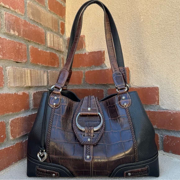 VTG Brighton🤎Large Leather Croc Embossed Brown/Black Shoulder Bag - Picture 2 of 14